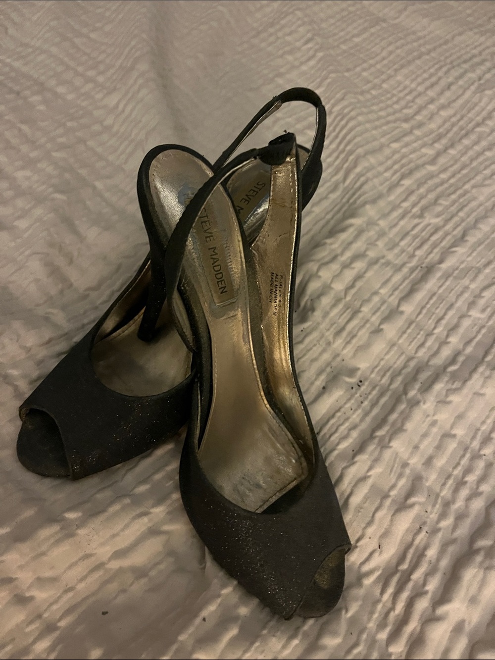 Steve Madden Black Glitter Peep-Toe Slingback Heels